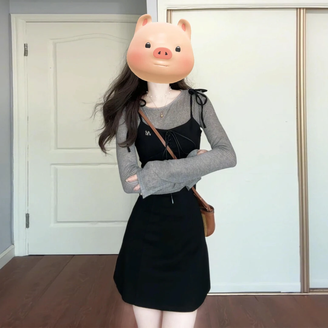 法式温柔风拼接假两件长袖连衣裙女秋季收腰显瘦别致绝美裙子5736