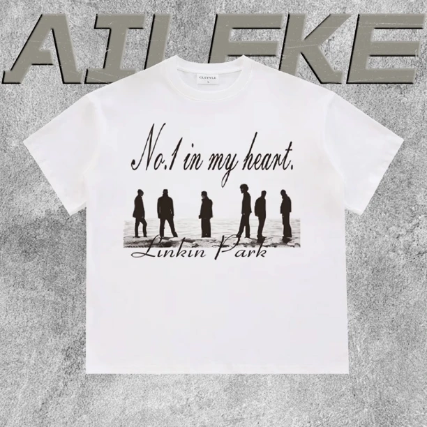 AILEKE「乐队标语」个性潮流重磅直喷印花宽松圆领纯棉T恤休闲风