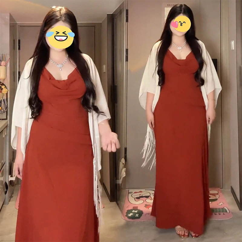 法式复古大码连衣裙秋季新款红色长裙订婚裙礼服裙收腰显瘦荷叶裙