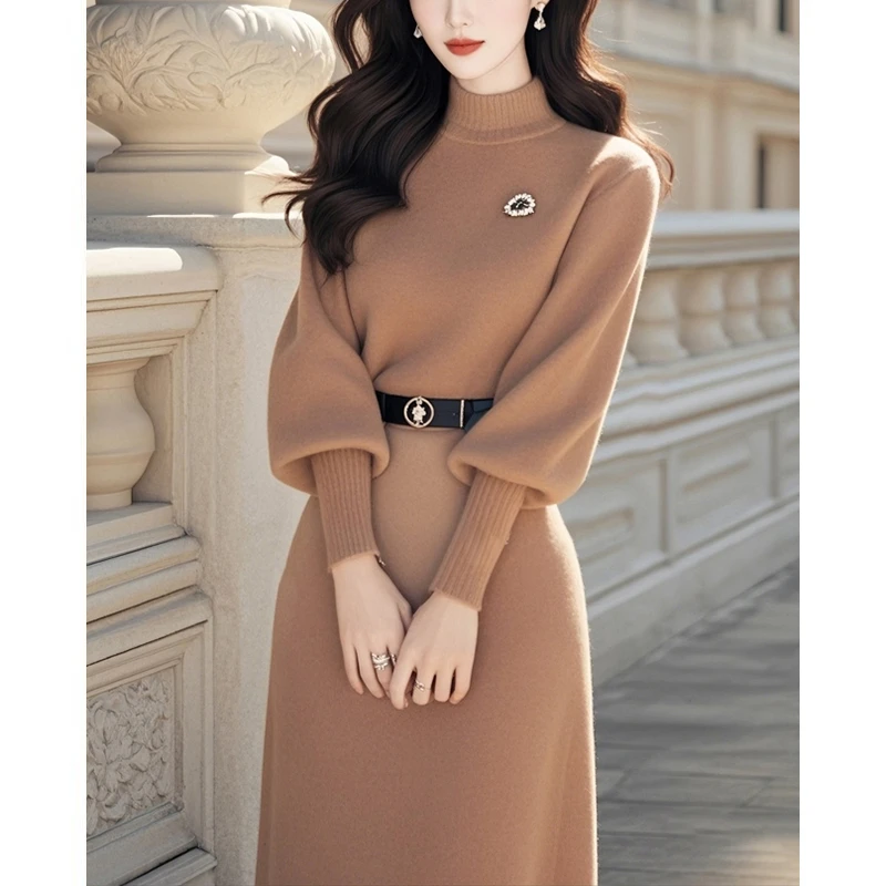 法式气质名媛高级感连衣裙女秋冬新款富家千金咖色针织内搭上衣