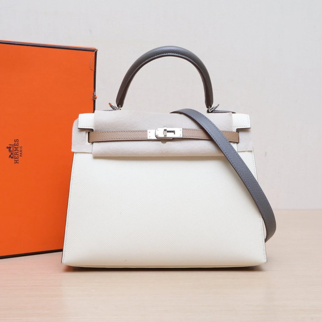 99新 Hermes/爱马仕 小花柳 凯莉包 25  三拼色 Ep皮 U刻 银扣 包