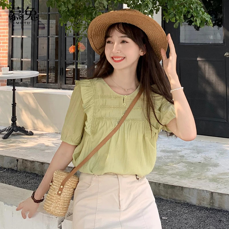 【粉丝专属】MT12380法式气质荷叶边泡泡袖上衣别致设计感小众衬衫