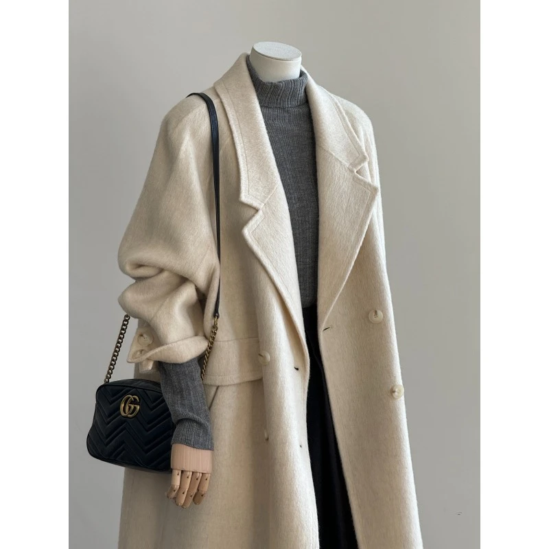 H68韩版双面羊毛大衣女秋冬中长款温柔奶白翻领气质羊毛呢外套