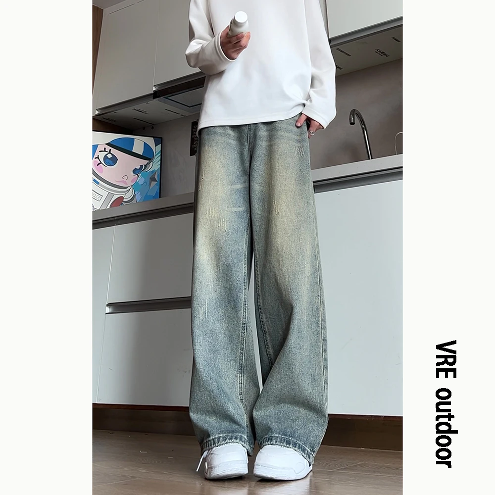 美式复古水洗做旧牛仔裤男秋冬季2025新款潮牌宽松直筒阔腿长裤子