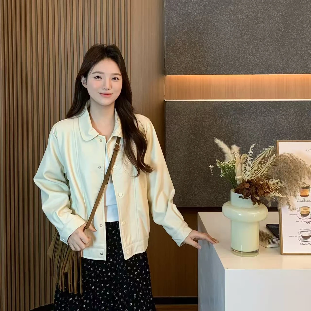 小羽酱小个子定制秋季韩系简约气质PU皮外套宽松百搭翻领皮衣夹克