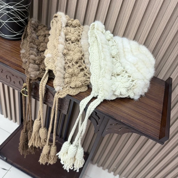 水貂毛小花帽子森系秋冬流苏堆堆帽法式帽子花边圆顶毛线帽