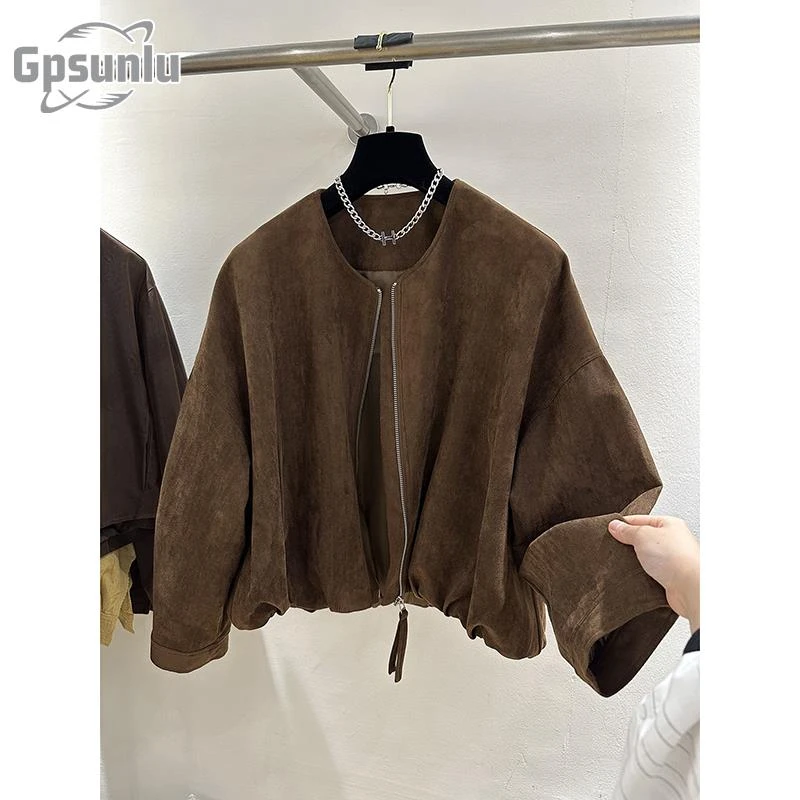 gpsunlu高端秋季新款宽松显瘦高级感圆领拉链夹克外套洋气上衣女