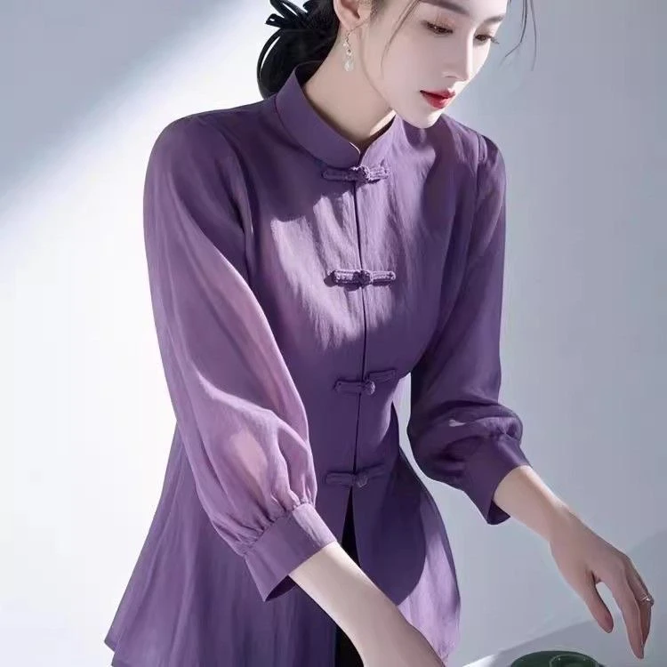 2025新中式紫色衬衫春装高级感轻奢设计感法式国风盘扣上衣女外穿