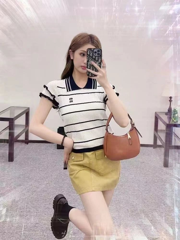 【晨浠定制】新款时尚复古拼色条纹冰丝上衣1155