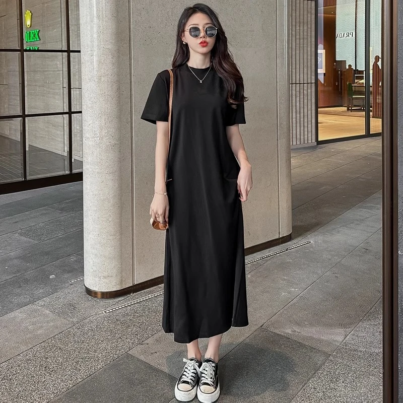 法式茶歇休闲T恤宽松慵懒短袖黑色连衣裙显瘦百搭内搭时尚长裙子