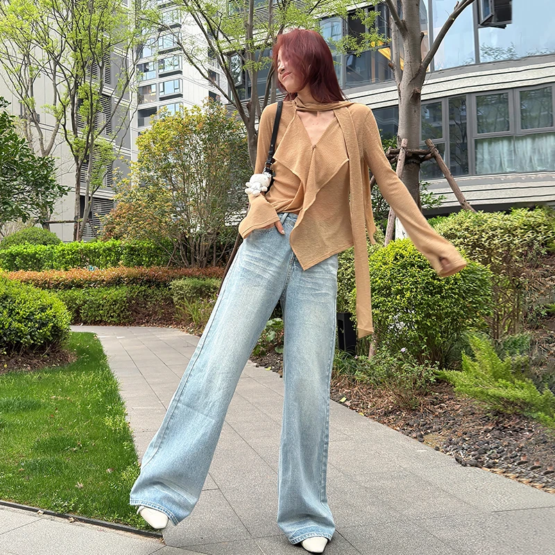 33【喵痕】裤长115cm 高个子加长   猫爪纹垂感秋冬阔腿直筒牛仔裤