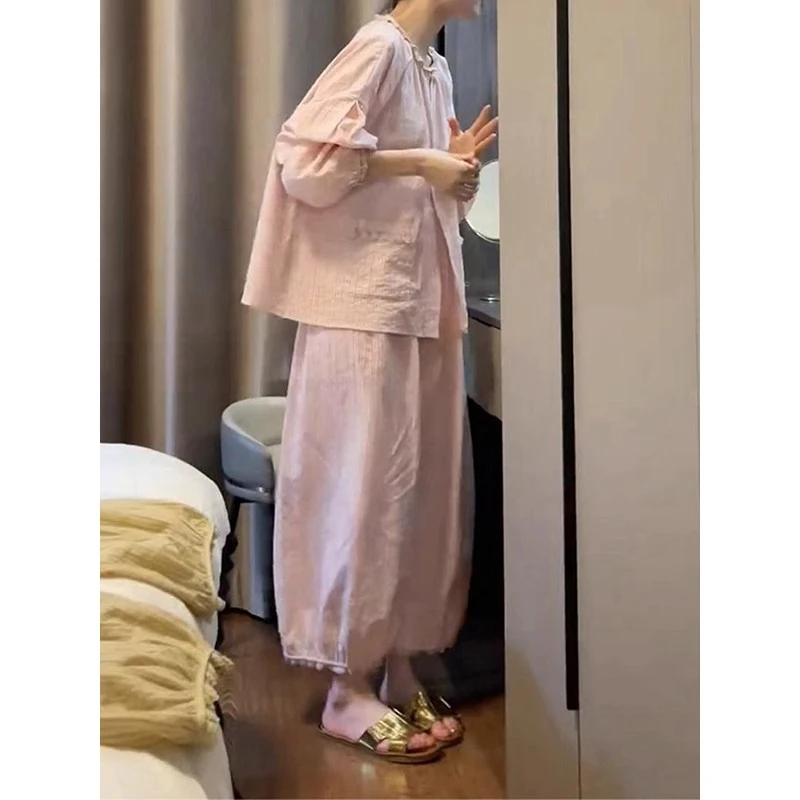 宽松家居服套装长裤秋季九分裤女睡衣复古女套装网红气质时尚禅意