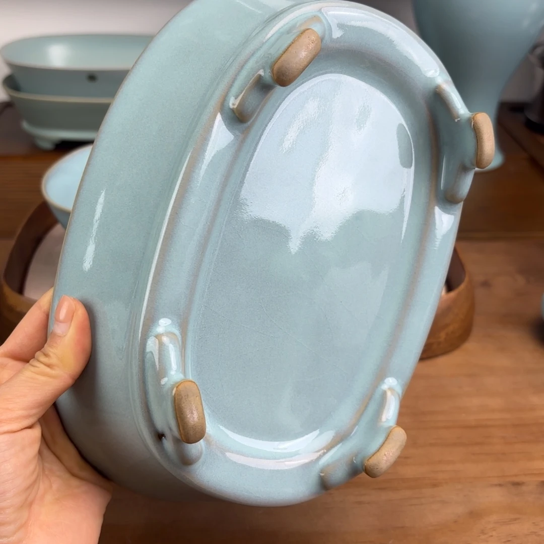 陶盘天青釉无钉大号水仙盆二级品