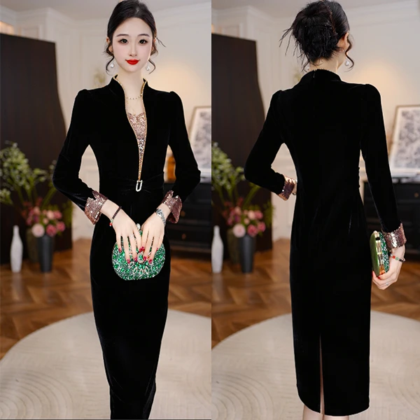 【墨色璀璨】2025秋季新款收腰显瘦洋气减龄轻奢女人味黑色连衣裙