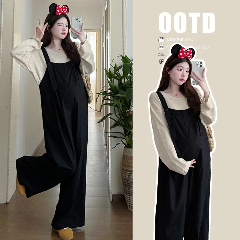 【玫瑰优选】2025孕妇装春季新款韩版休闲简约麻棉背带裤慵懒针织衫