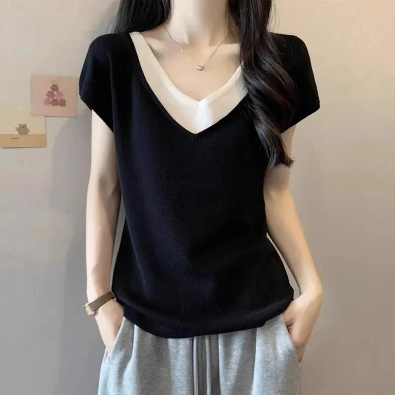 设计感假两件V领短袖T恤女夏季小众撞色拼接时尚宽松显瘦百搭上衣