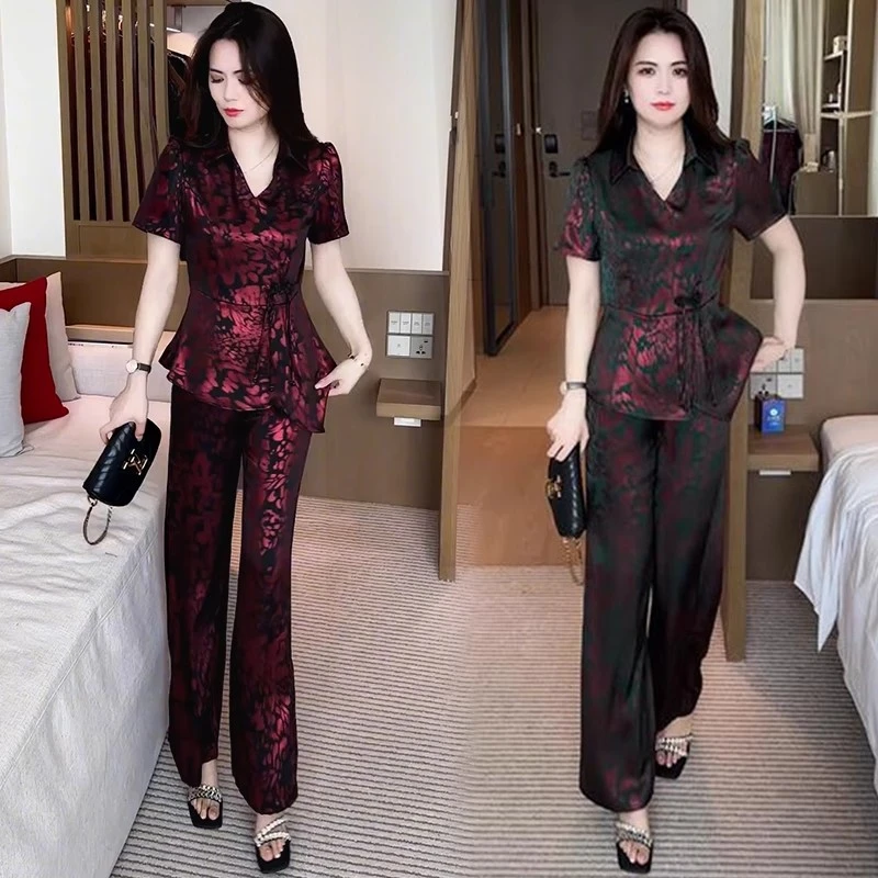 新中式时尚套装女2025夏季新款洋气显瘦盘扣短袖上衣阔腿裤两件套