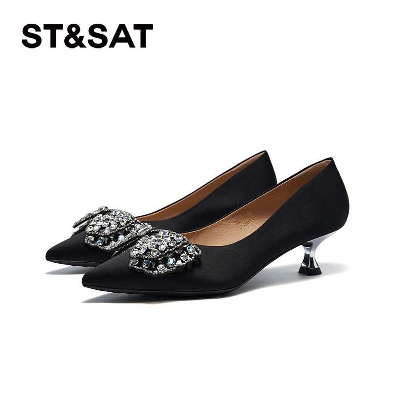 星期六时尚百搭气质优雅蝴蝶绸缎质感尖头低跟浅口单鞋SSC3111183