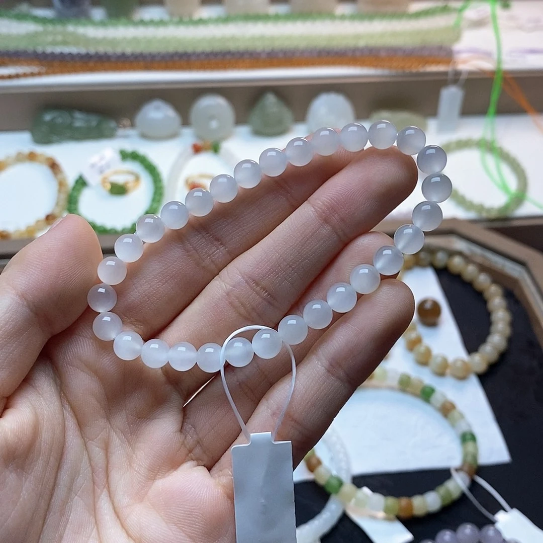 和田玉手串未镶嵌白玉一线猫卡六