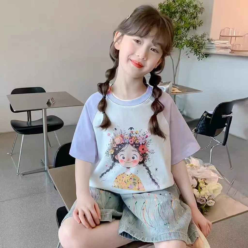 新款儿童插肩袖女童薄款潮T休闲纯棉