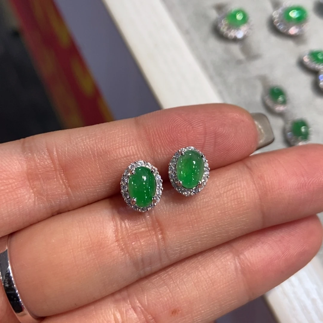 翡翠银S925镶嵌耳饰天然缅甸