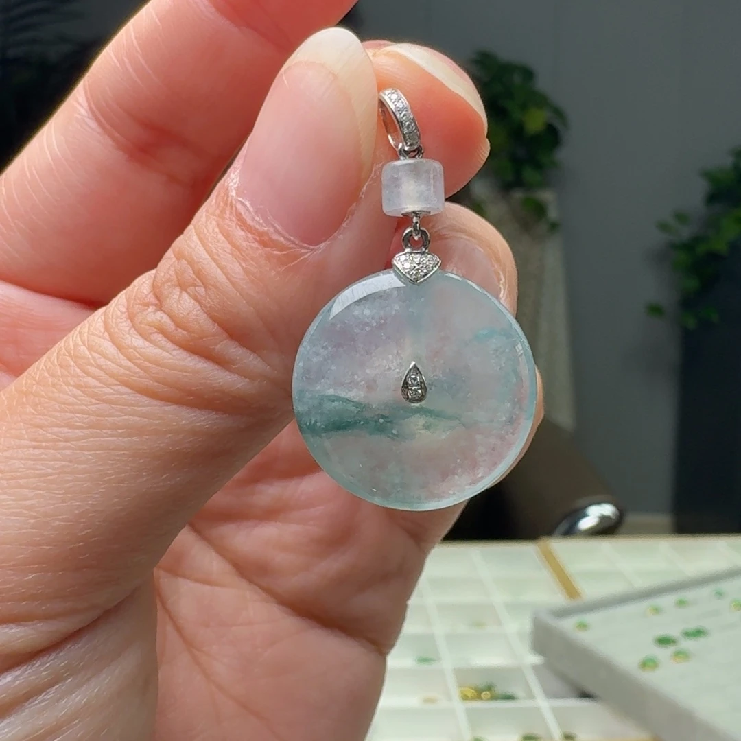 翡翠18K金镶嵌吊坠(不含链)天然