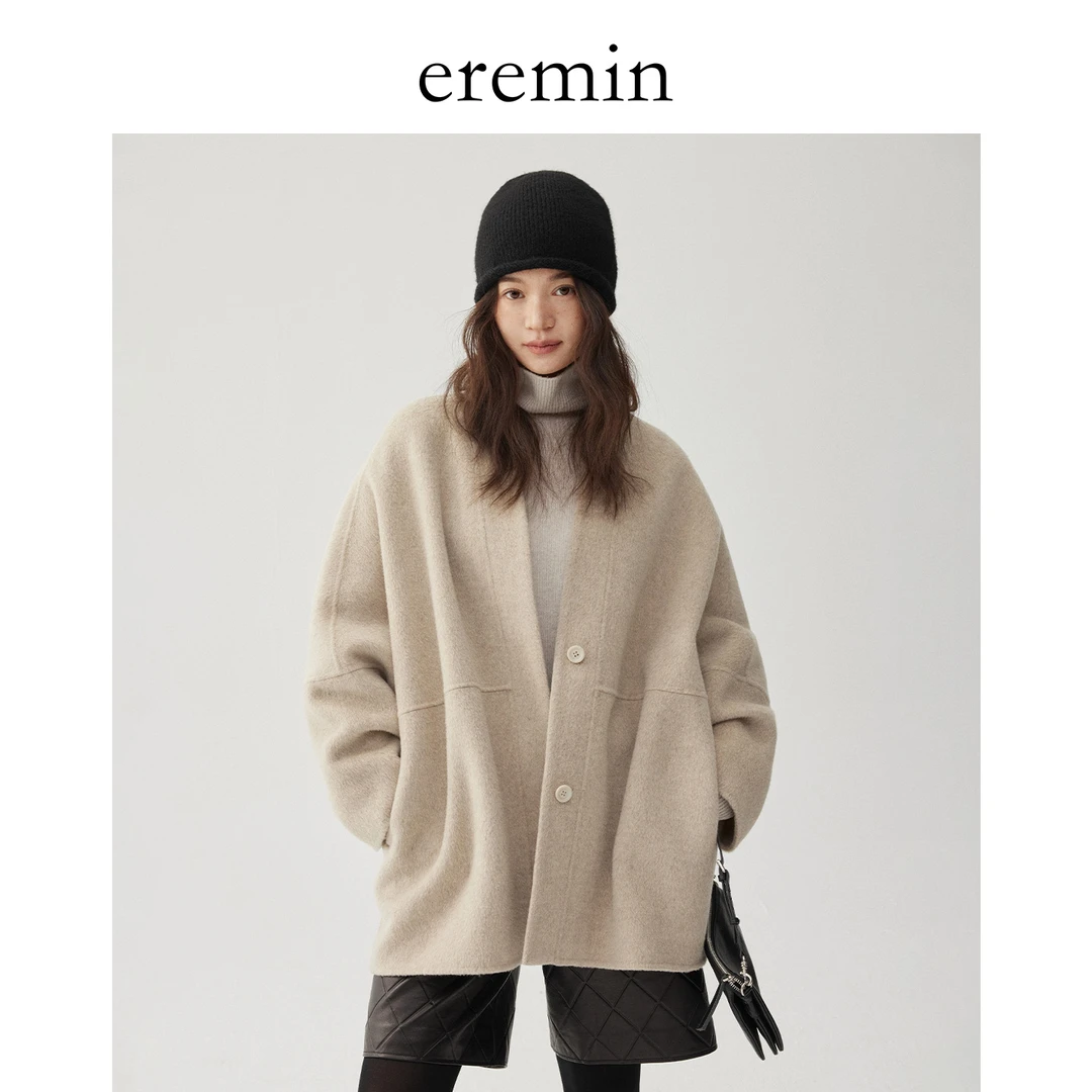 DE Mincollection米驼大衣/无领慵懒一手长羊毛双面呢大衣56170