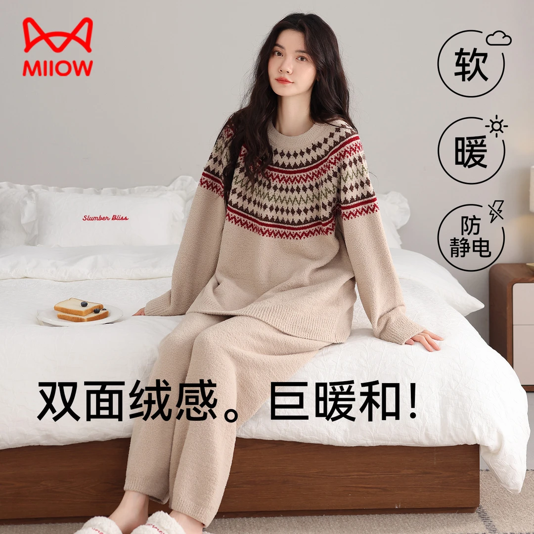 猫人冬季睡衣女珊瑚绒长袖加厚保暖半边绒复古休闲家居服两件套装