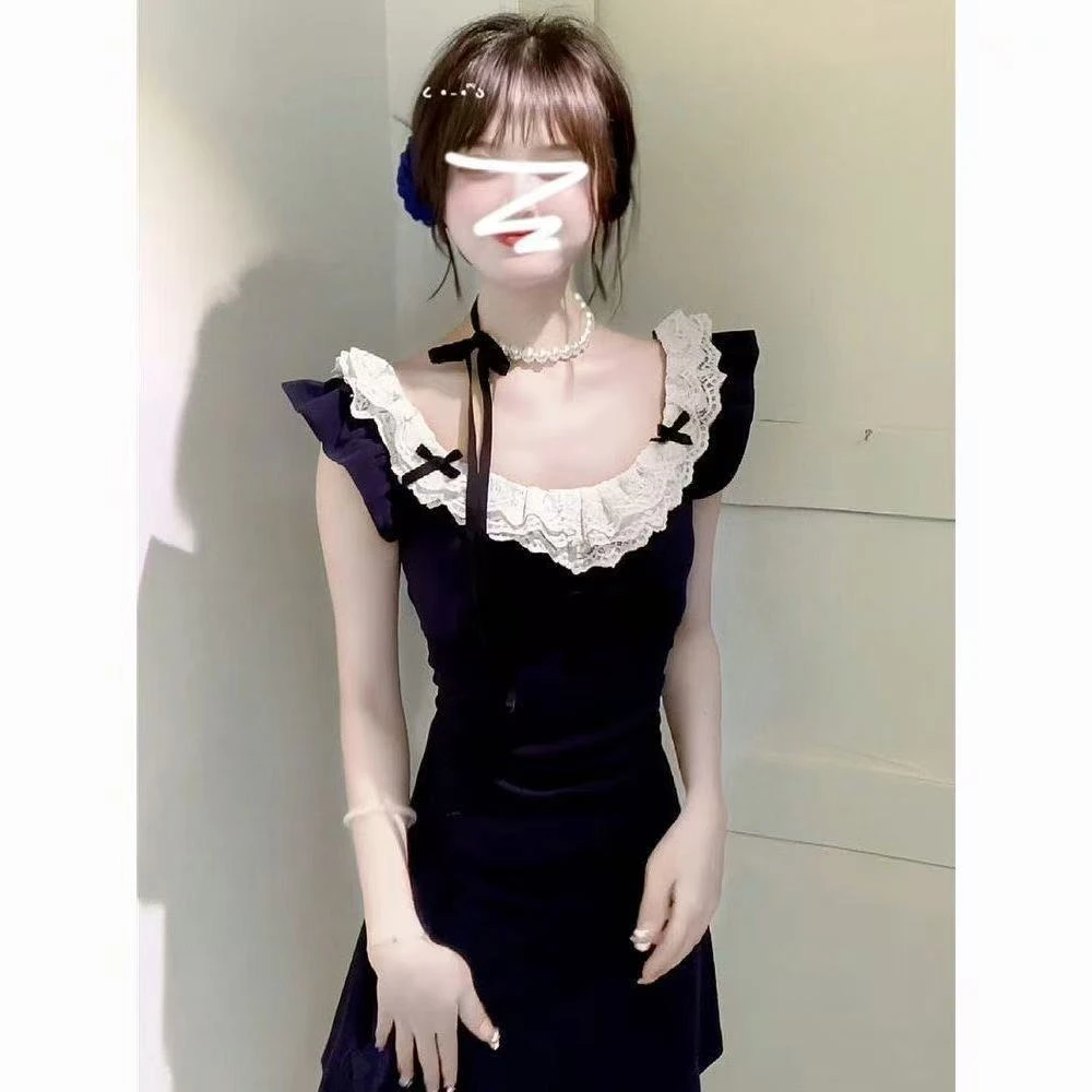 2025新款小个子法式小飞袖连衣裙子女夏季辣妹欲风蕾丝收腰短裙