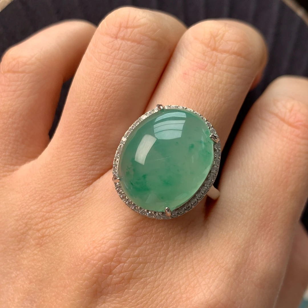 石英质玉（非洲翠）银S925镀金镶嵌冰飘花精品戒指