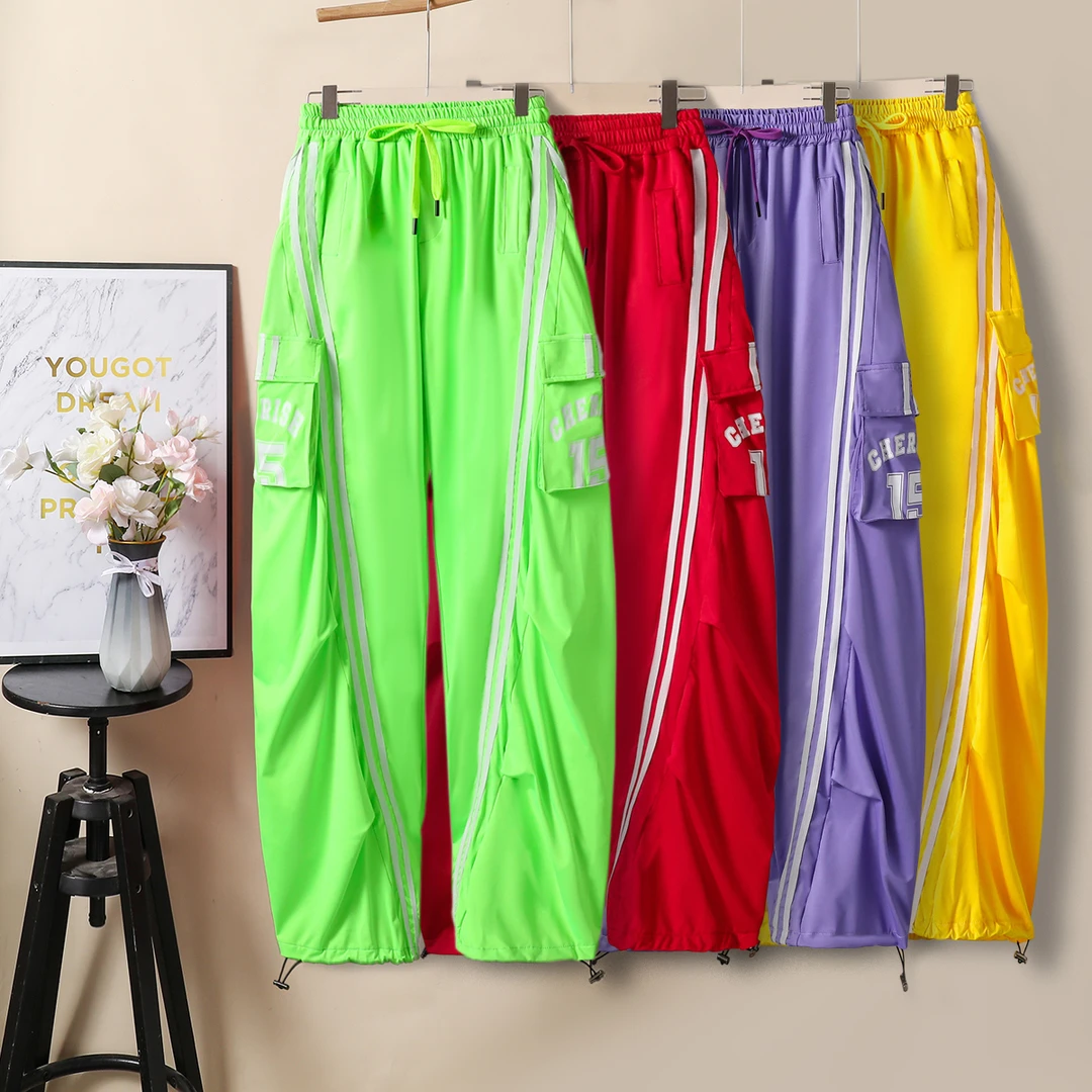 2025彩色多巴胺美式杠条口袋工装裤运动跑步跳操长裤