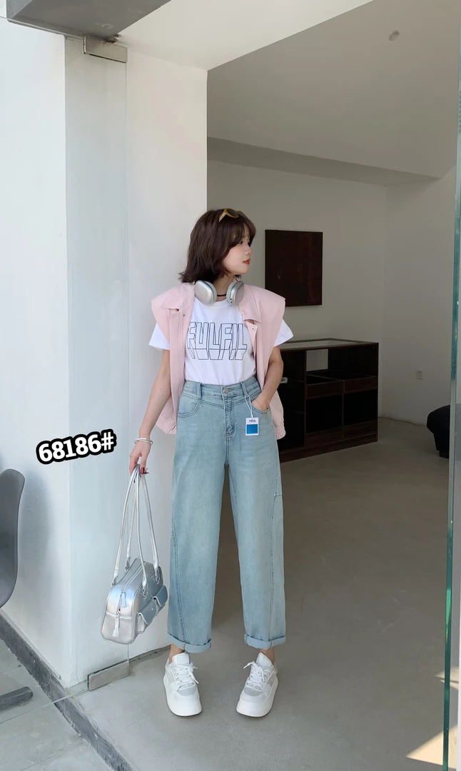 68186春季新款大码男友裤牛仔裤高腰高弹显瘦