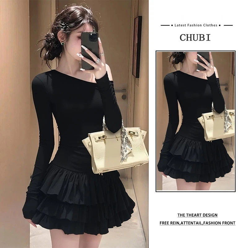 甜辣风黑色斜领拼接连衣裙女2025秋冬新款修身显瘦大衣内搭短裙