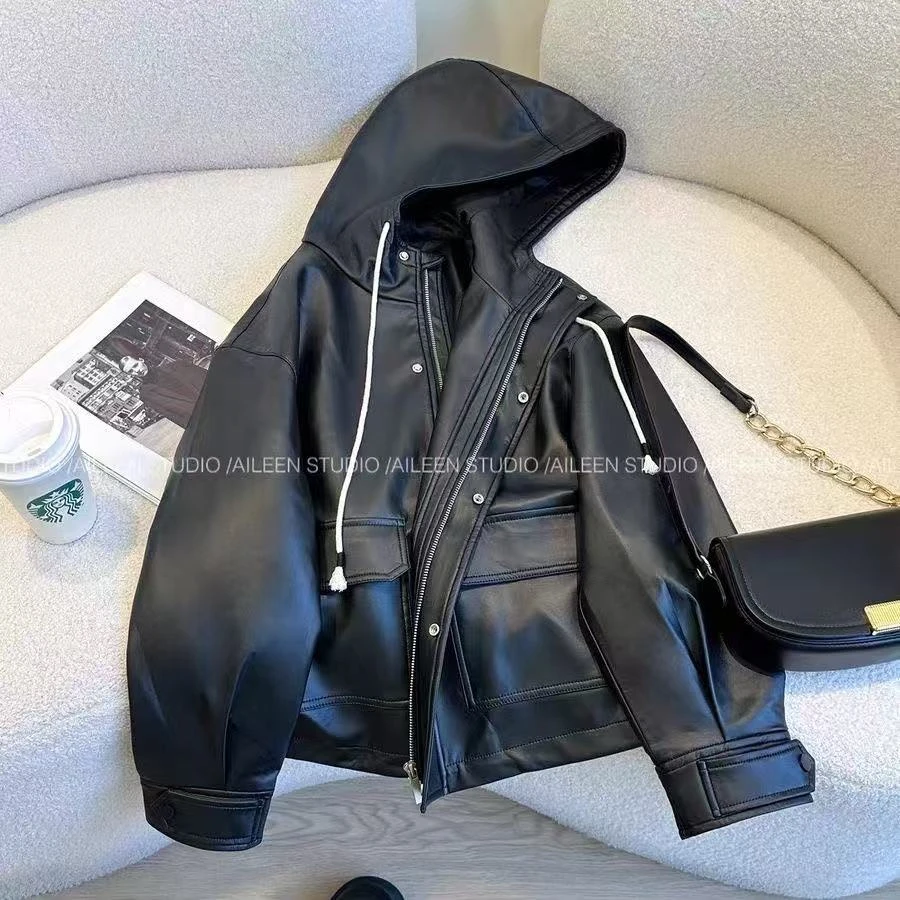 小个子短款黑色连帽皮衣女春秋装新款韩版时尚洋气高级感百搭外套