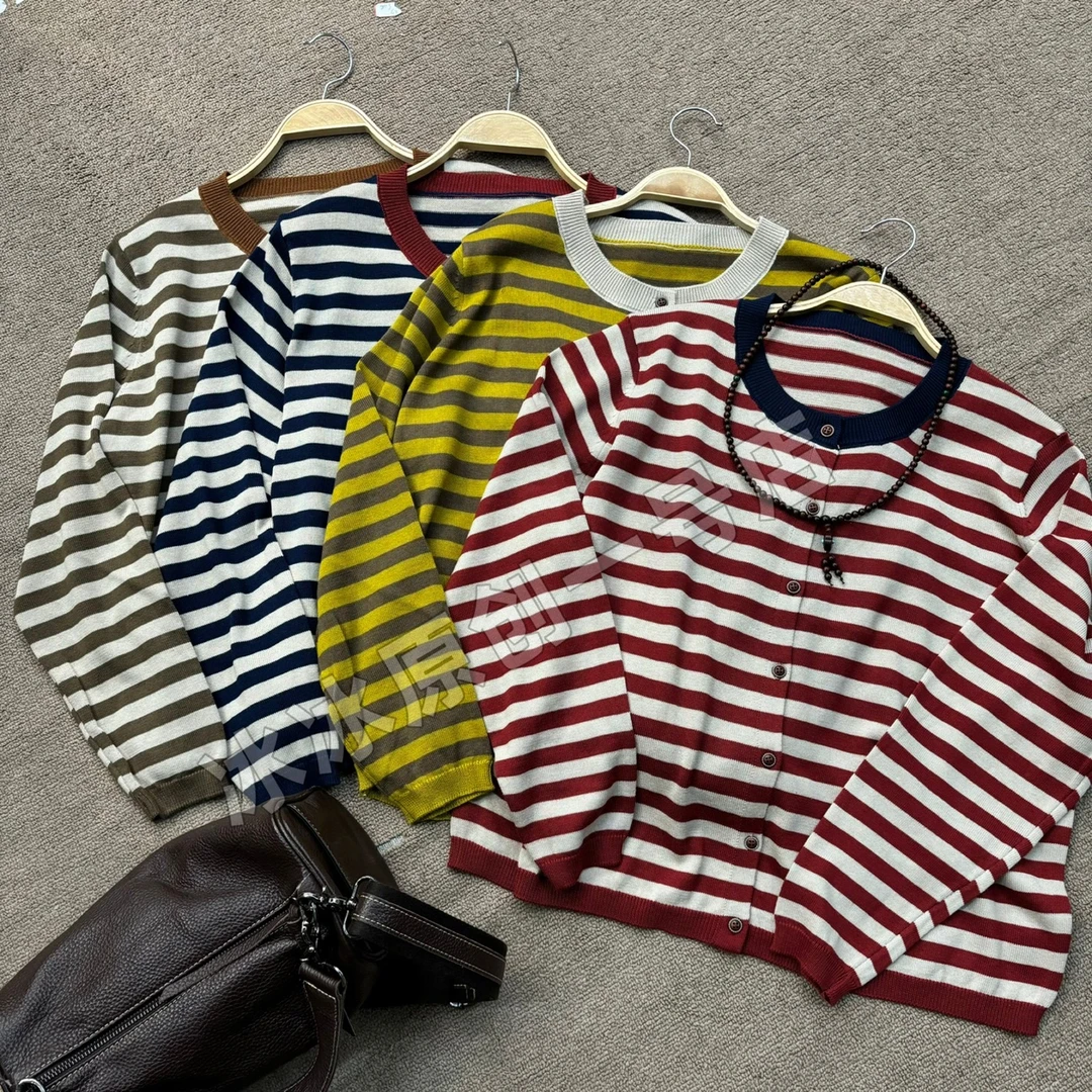 【冰冰一号店】25971 2撞色条纹针织复古开衫开春