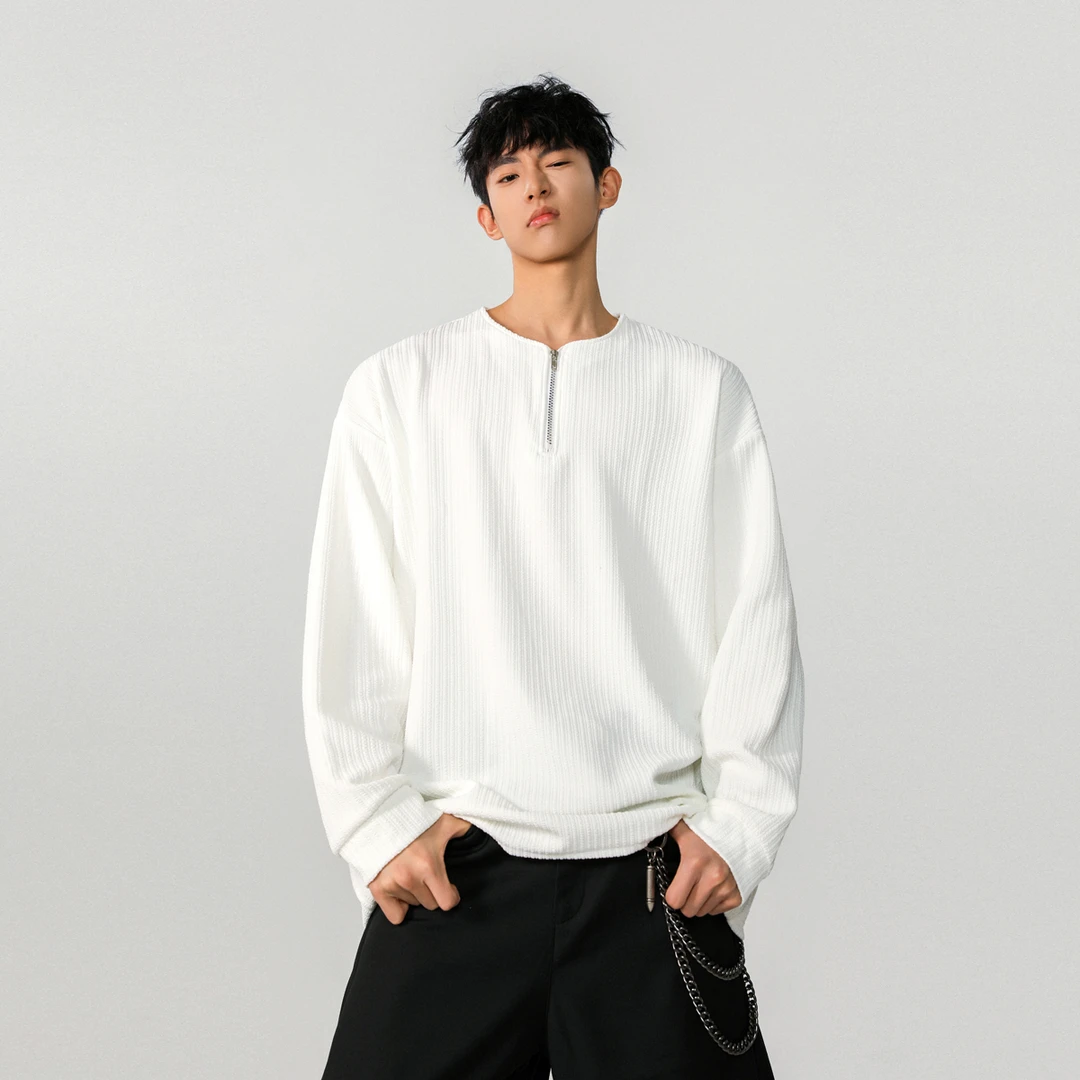 肌理感半拉链长袖t恤男2025春季新款痞帅潮牌宽松休闲内搭打底衫