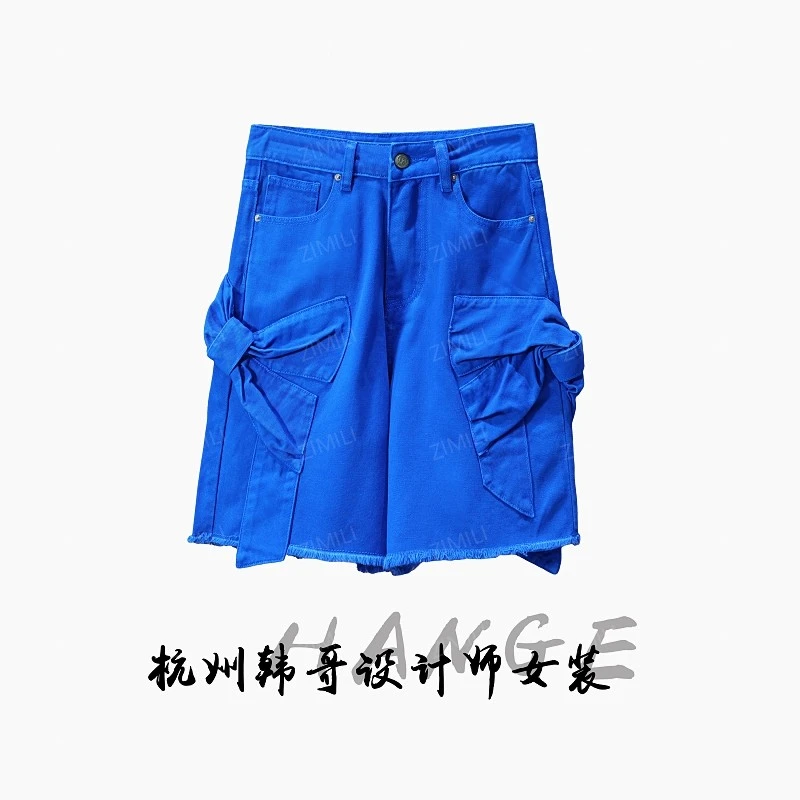 【韩哥女装】设计师款《蓝萤》宝石蓝蝴蝶结高克重牛仔短裤7276-H7
