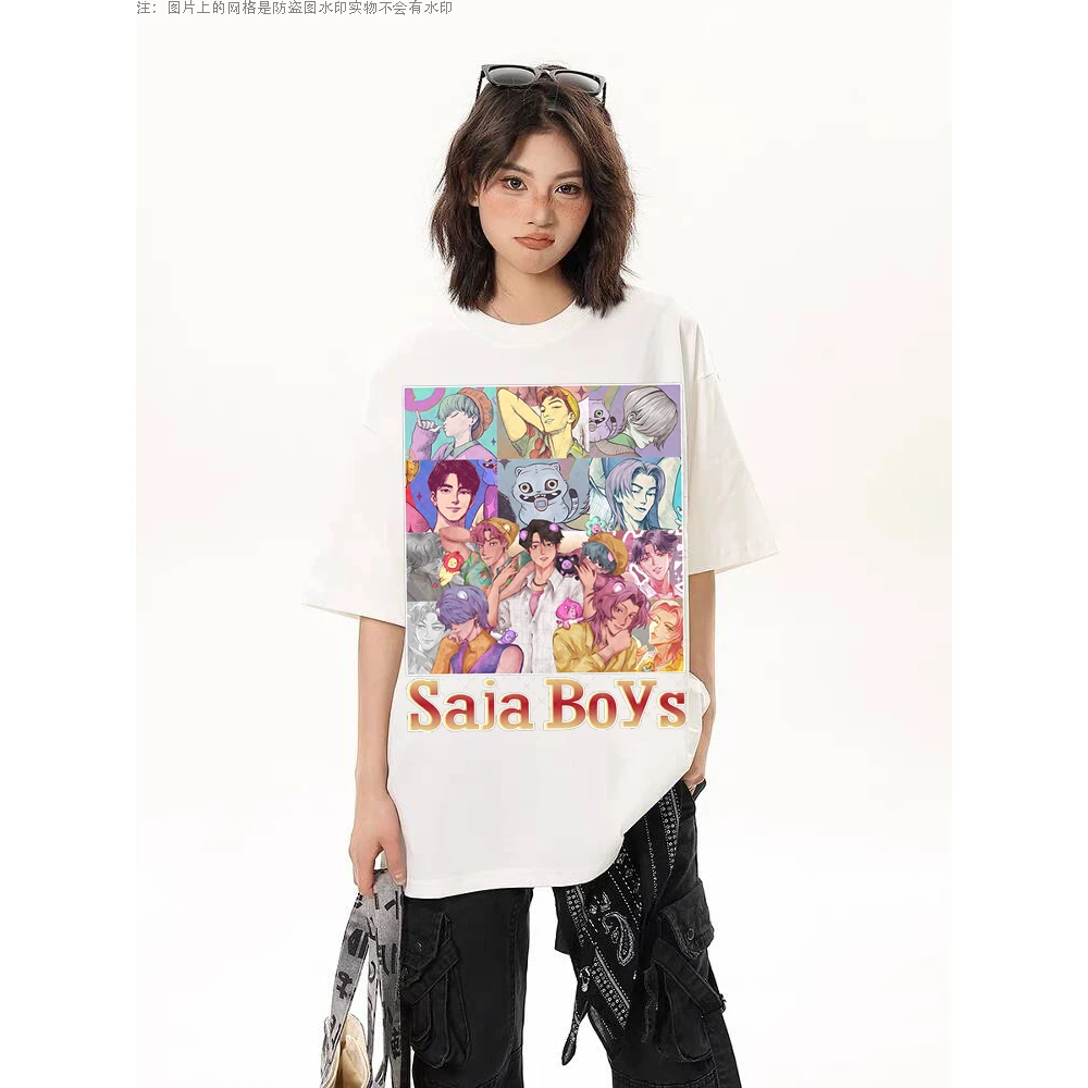 美式oversize猎魔女团数码印花重磅水洗做旧短袖纯棉T恤潮流