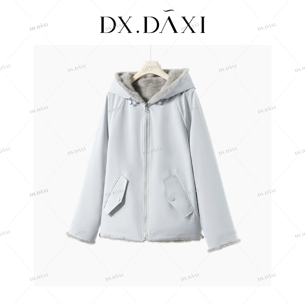 代大喜【青雾暖绒】设计感双穿连帽外套女2025冬季新款时尚宽松上衣