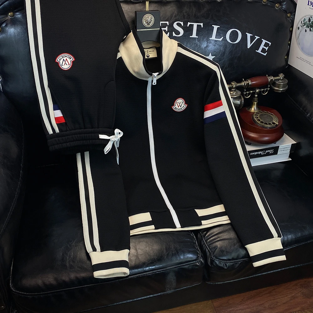 里瑞卢辛条纹拼接运动休闲套装男款2025新款春秋开衫潮牌帅气卫衣