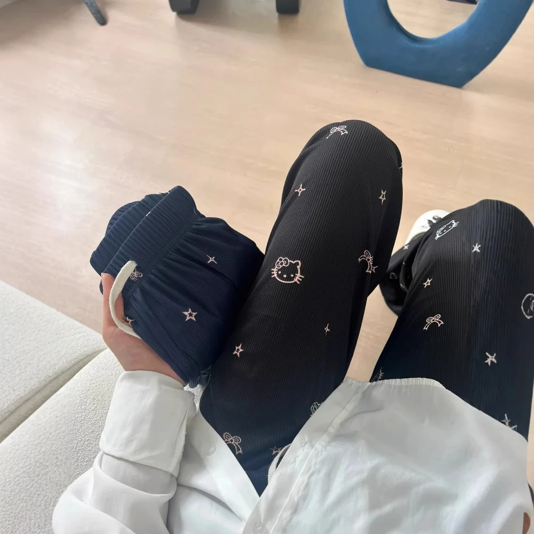 夏季彩印kitty猫薄款阔腿遛弯裤居家慵懒风直筒裤宽松长裤女冰丝