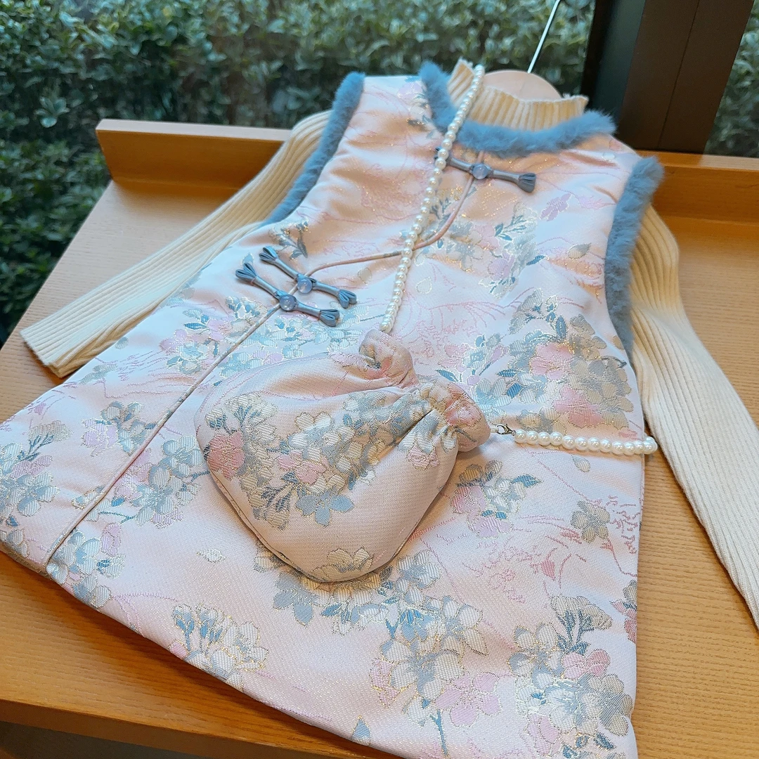 HHkids女童国风旗袍裙2024冬季新款背心裙盘扣夹棉加厚裙子HQZ236