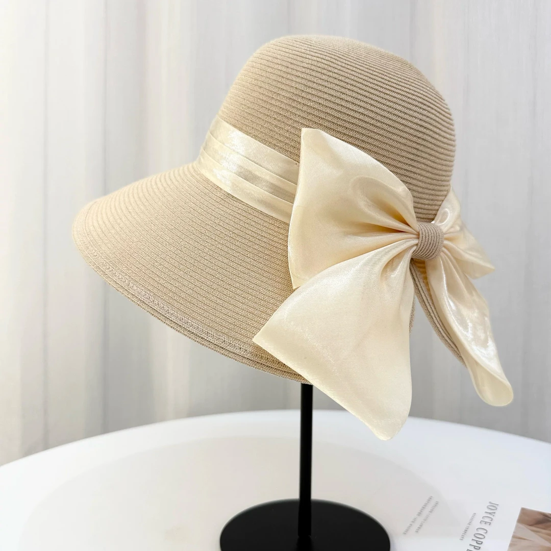 法式草帽女夏天时尚优雅庶阳帽度假休闲卷边防晒帽蝴蝶结帽子