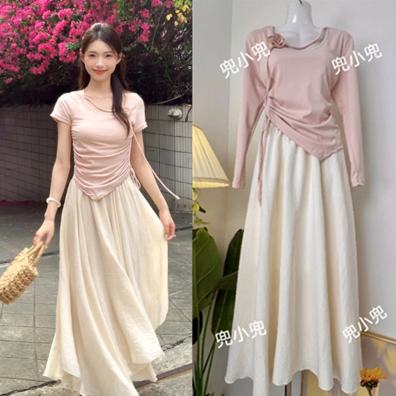 春秋季2025新款长袖圆领立体玫瑰长袖抽绳上衣不规则半身裙两件套