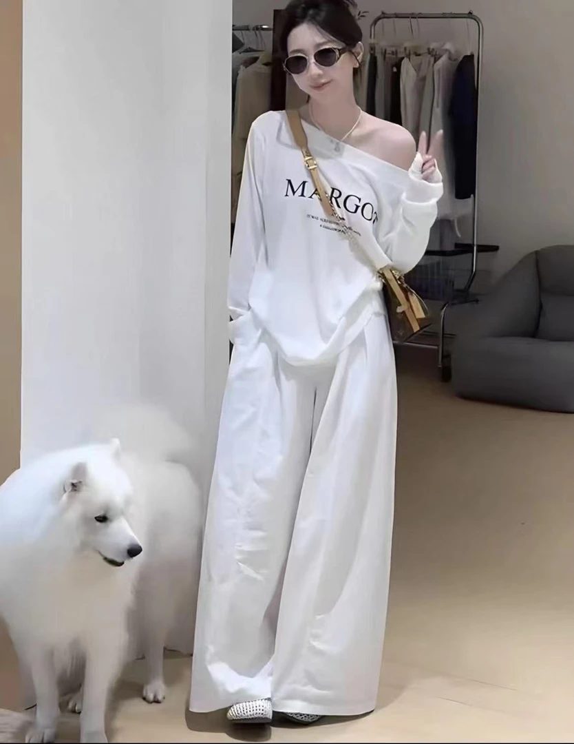 早秋新款韩版慵懒风斜襟印花字母上衣百搭休闲长裤套装3008/3009