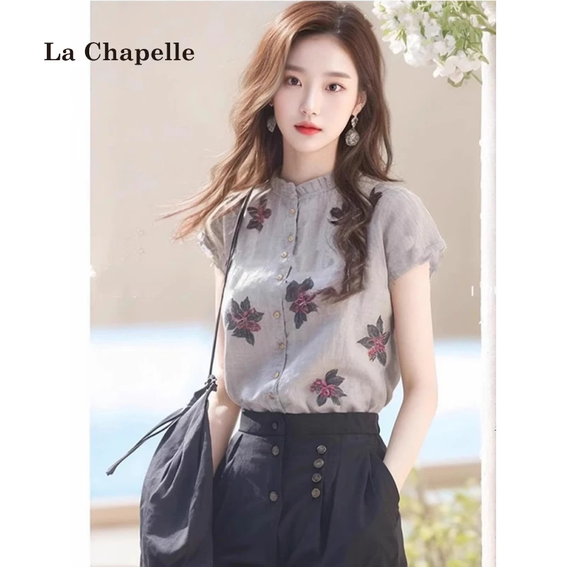 拉夏贝尔春夏法式复古碎花立领短袖衬衫女设计感小众辣妹绝美上衣