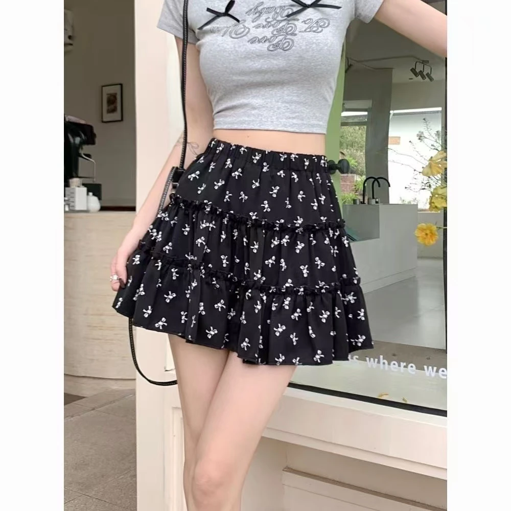 新款蝴蝶结半身裙女春夏百褶裙显瘦A字短裙子蛋糕裙显瘦短裙碎花