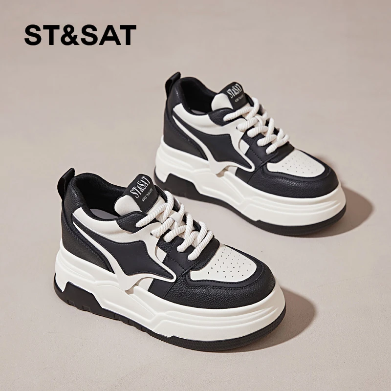 星期六8公分内增高松糕厚底休闲鞋女2025春季新款网红百搭熊猫鞋