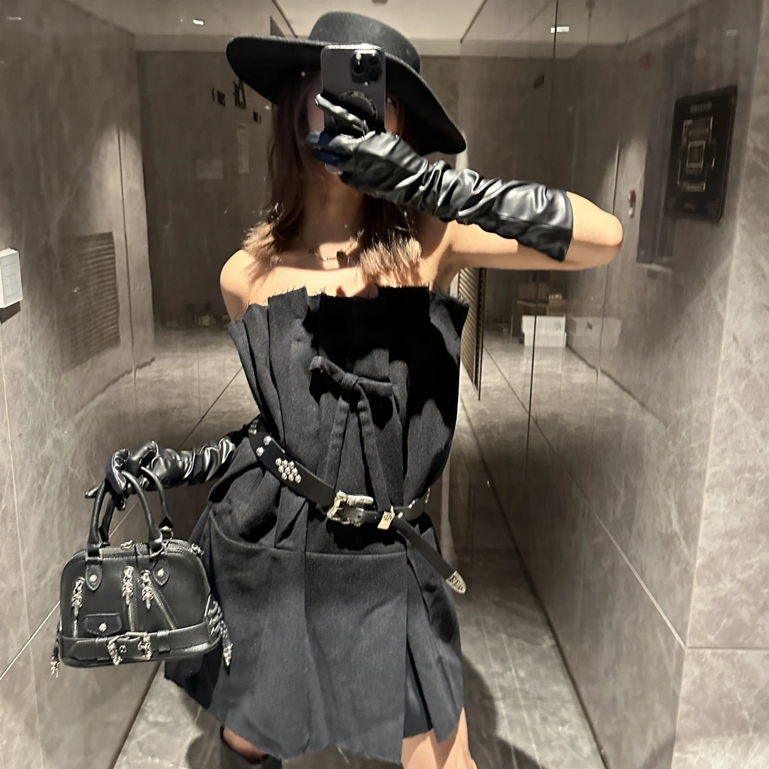 『Qiuuus』秋冬新款暗黑秀款不规则抽褶连衣裙半裙多种穿法