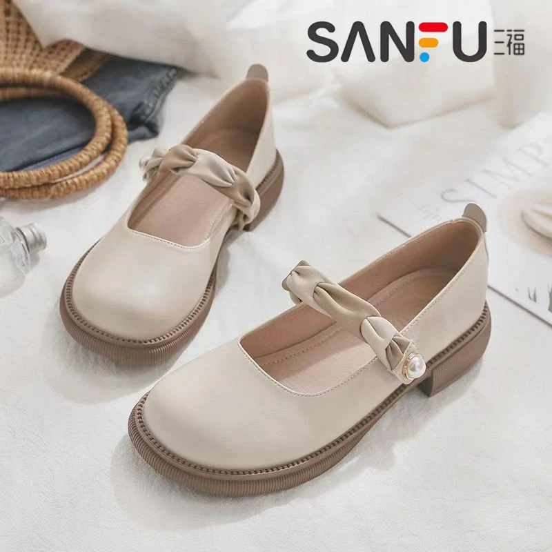 三福真皮玛丽珍女鞋2025春季新款小香风小皮鞋浅口平底单鞋配裙子